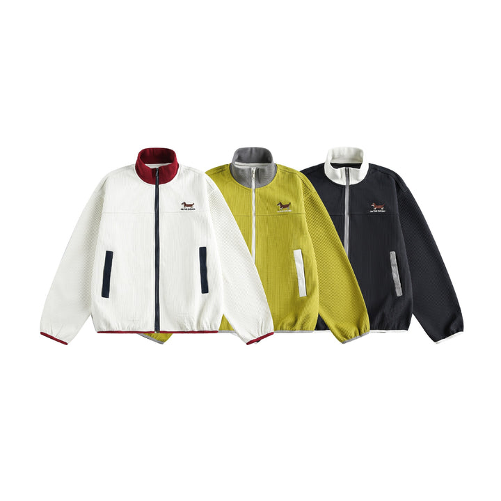 Women’s waffle structure zip jacket in boxy cut with stand-up collar and dog embroidery Mune Fashion
