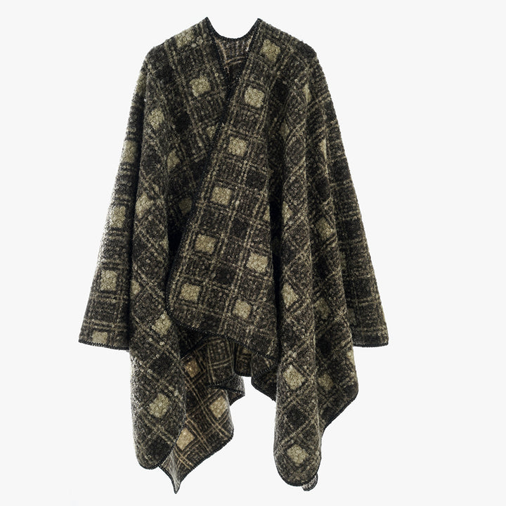 Women's Structured Wool Blend Poncho in Ruana Cut with Boxy Silhouette and Checked Jacquard Pattern