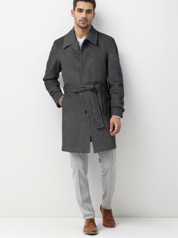 Men's Tailored Coat with Tie Belt, Concealed Button Placket and Classic Lapels Mune Fashion