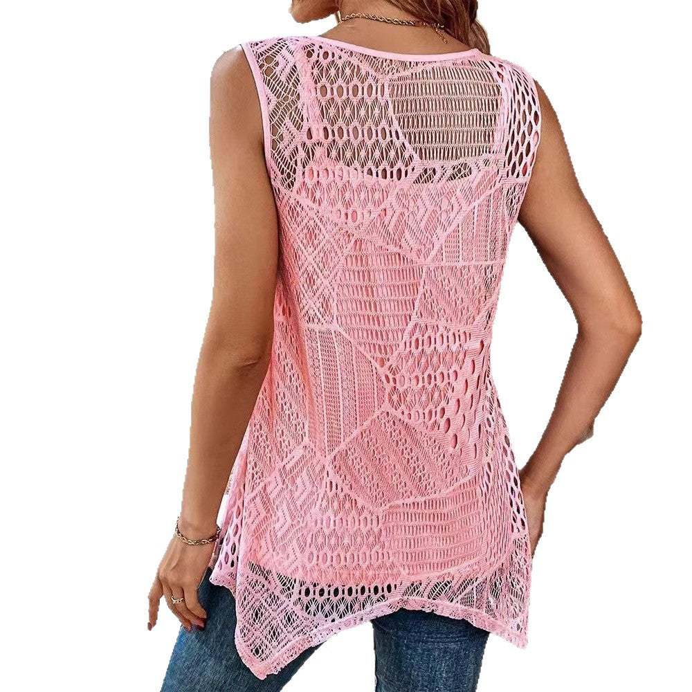 Women's two-layer crochet overlay with jersey inner top, single-button closure and asymmetrical hem Mune Fashion