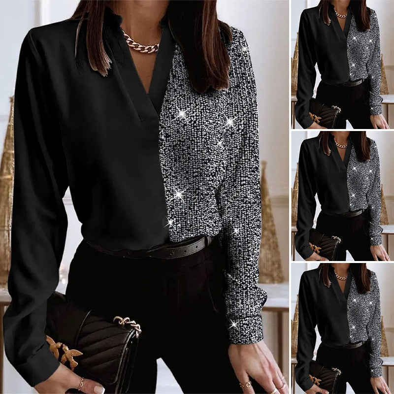 Women's elegant shirt blouse with half-side sequin embellishment, V-neck and slightly tailored fit Mune Fashion