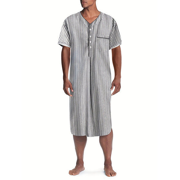 Men's striped lounge shirt with V-neck button placket and chest pocket Mune Fashion