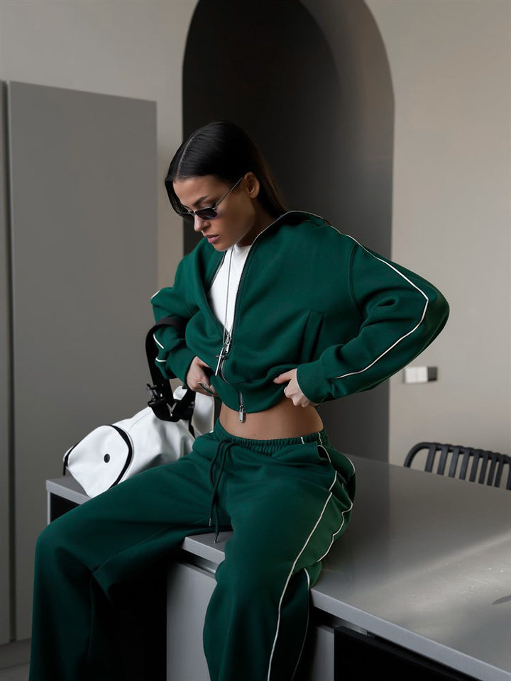 Women's nano short zipper hoodie and high waist jogging pants set with decorative side piping Mune Fashion