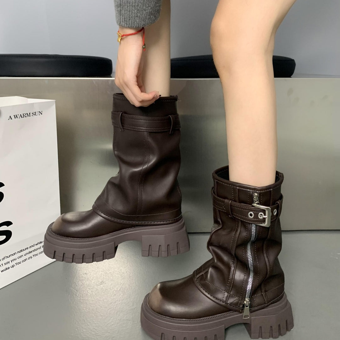 Women’s Mid-Calf Biker Boots with Zipper, Buckle Strap, and Chunky Platform Sole Mune Fashion
