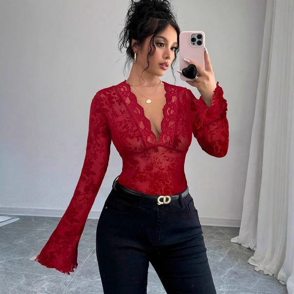 Women's tight-fitting transparent mesh lace blouse with deep V-neck and floral velvet texture Mune Fashion