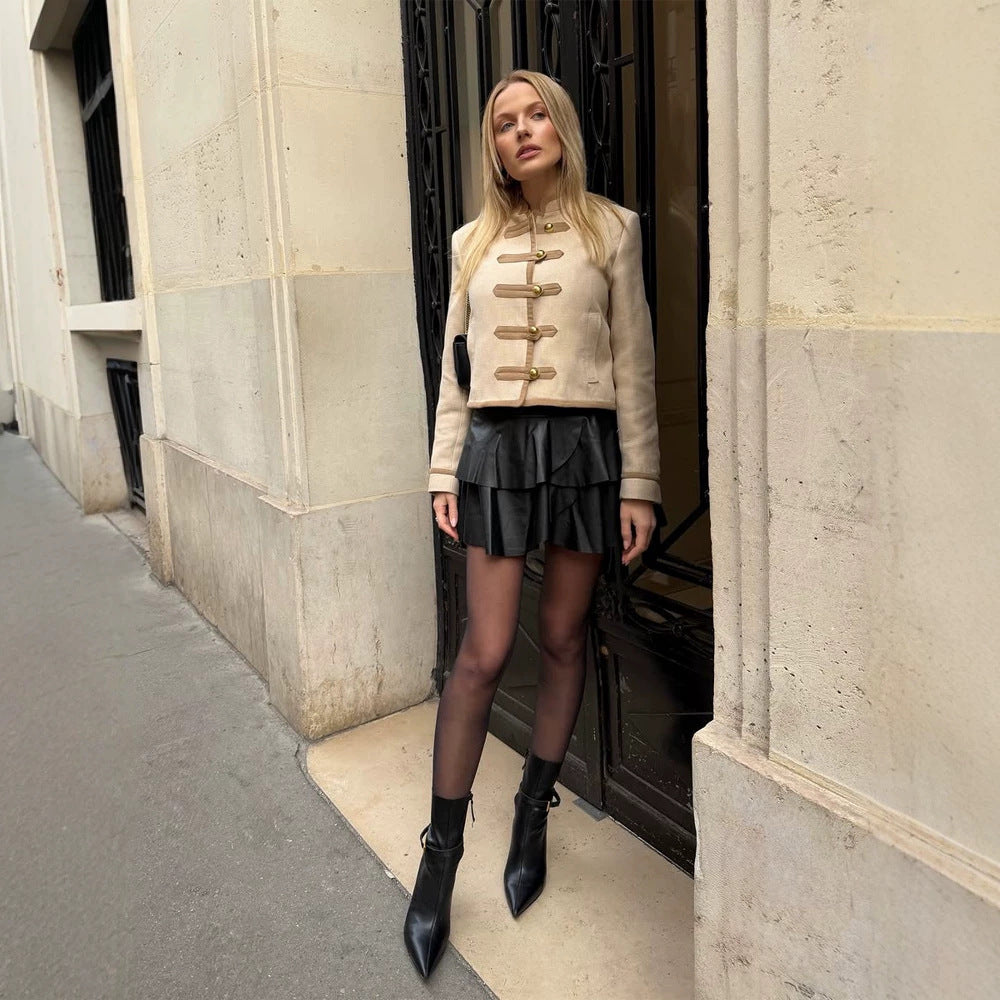 Women Short Military Inspired Jacket with Stand Collar and Decorative Button Placket Mune Fashion
