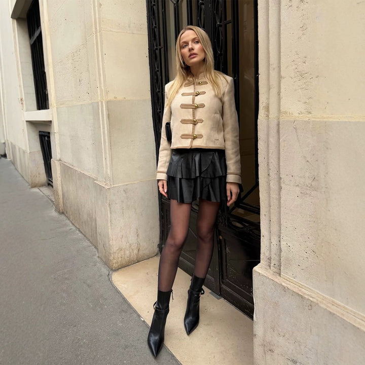 Women Short Military Inspired Jacket with Stand Collar and Decorative Button Placket Mune Fashion