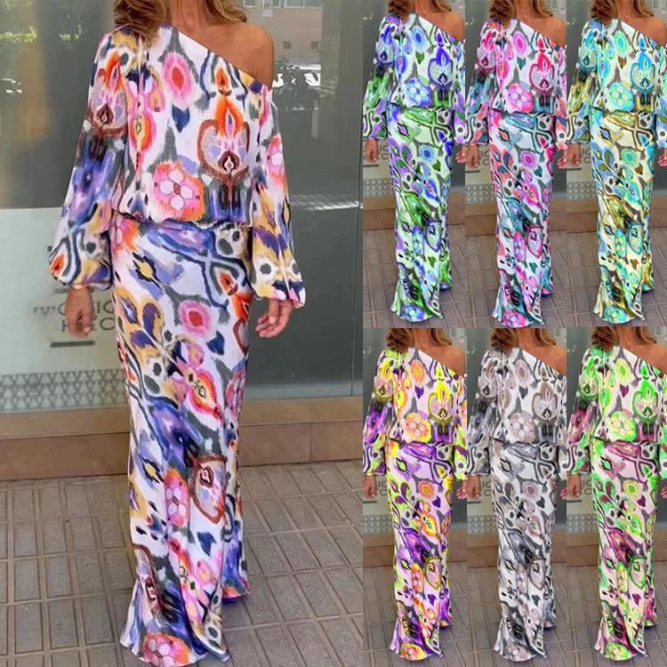 Women's maxi dress with asymmetric one-shoulder, flowing satin and bell sleeves Drune