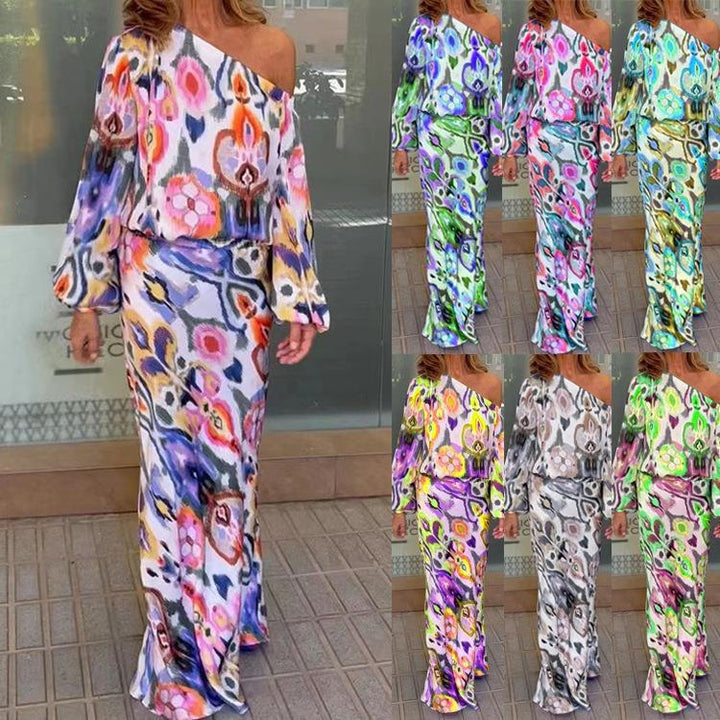 Women's maxi dress with asymmetric one-shoulder, flowing satin and bell sleeves Drune