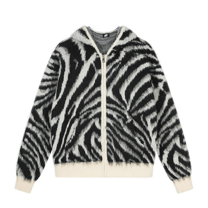 Women's Fluffy Zip Hoodie Cardigan with Zebra Jacquard and Kangaroo Pocket Mune Fashion
