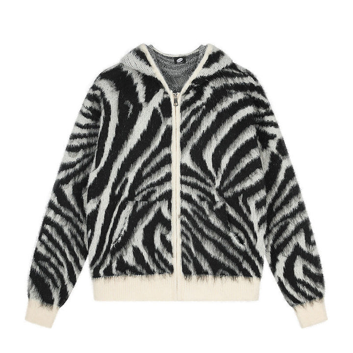 Women's Fluffy Zip Hoodie Cardigan with Zebra Jacquard and Kangaroo Pocket Mune Fashion