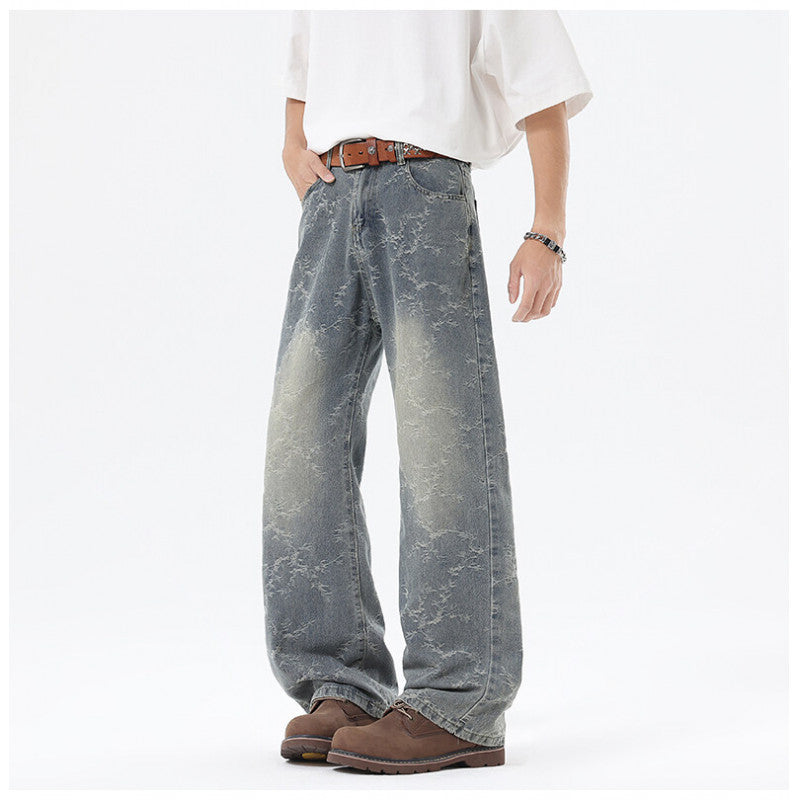 Men's Wide Cut Vintage Denim Pants in Baggy Look with Marble Wash and Low Crotch Mune Fashion