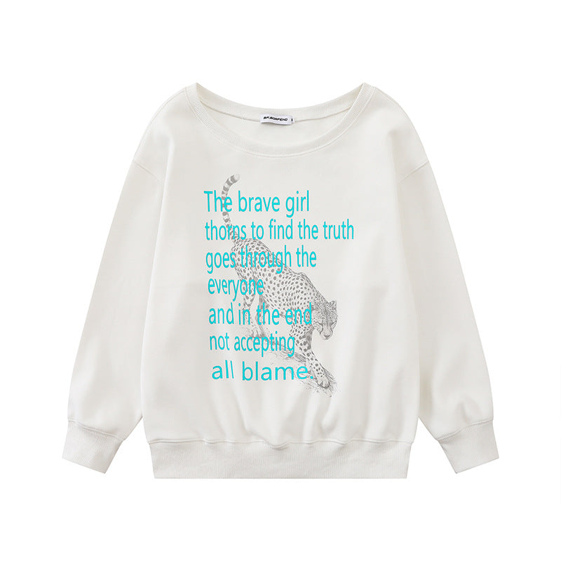 Women's oversized sweatshirt with round neck, typographic statement, and leopard illustration Mune Fashion