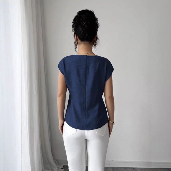 Women's Tailored Short Sleeve Top with Boat Neck, Ties Belt and Linen Look Mune Fashion