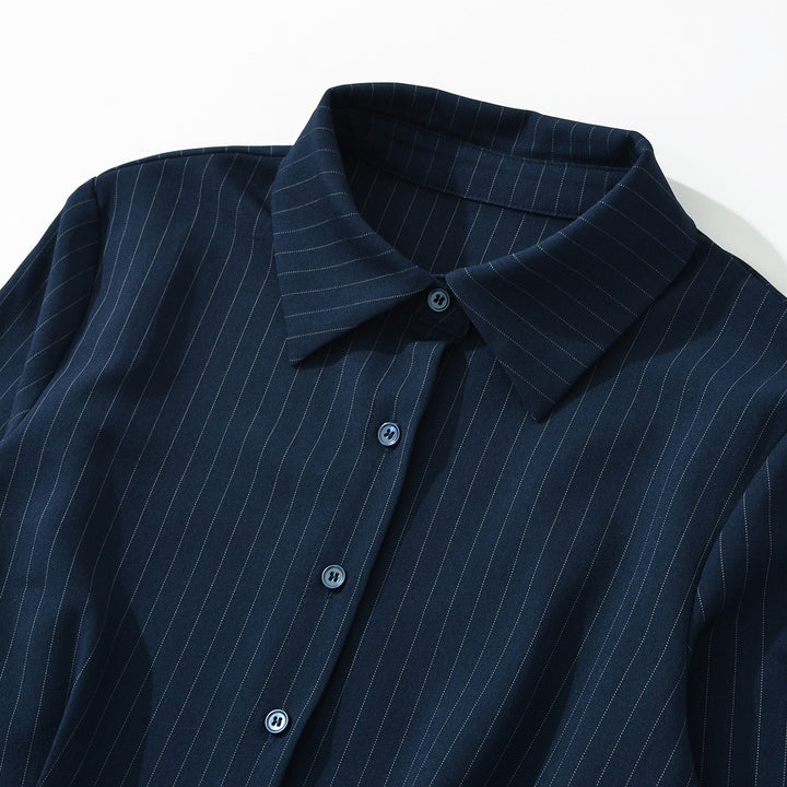 Women Tailored Midi Dress with Shirt Blouse Top and Pinstripe Design Mune Fashion