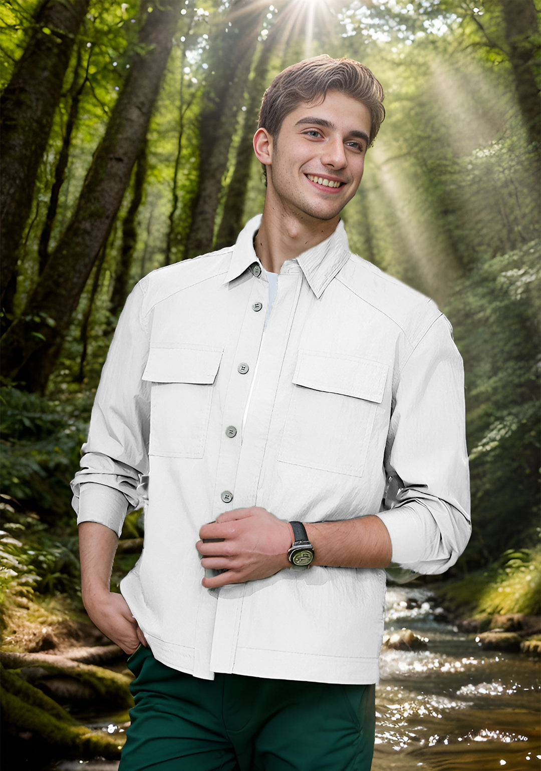 Men's Lightweight Field Overshirt with Patch Chest Pockets and Shirt Collar Mune Fashion