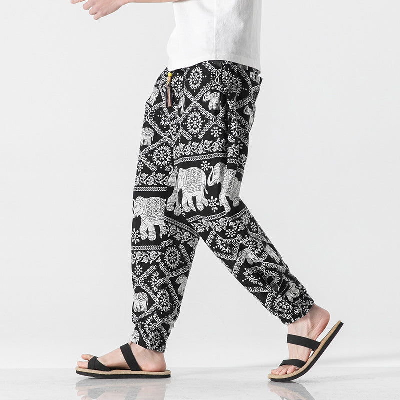 Unisex casual Boho harem pants with elephant pattern, elastic waistband and cuffs Mune Fashion