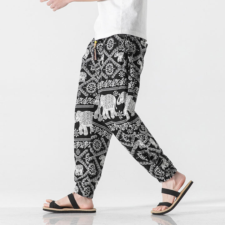 Unisex casual Boho harem pants with elephant pattern, elastic waistband and cuffs Mune Fashion