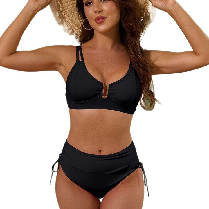 Women's High-Waisted Bikini Set with Adjustable Straps and Elegant Gold Accent Mune Fashion