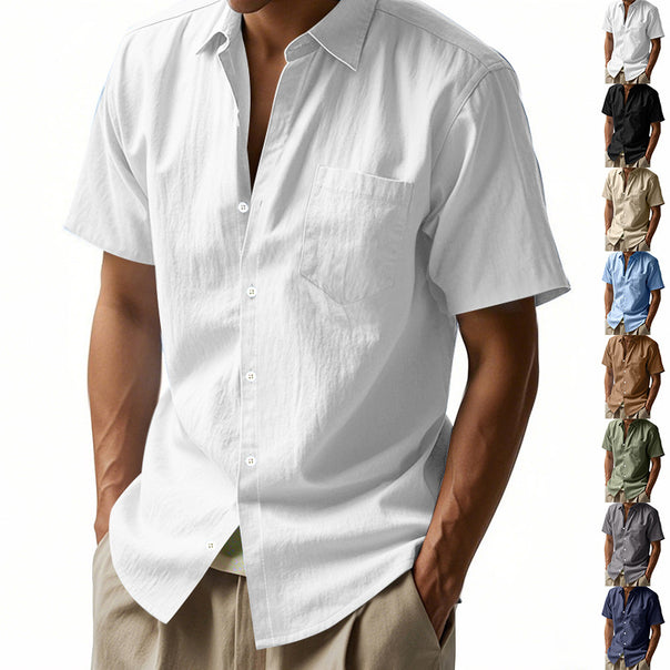 Men's short-sleeved casual shirt made of linen blend with chest pocket and rounded hem Mune Fashion