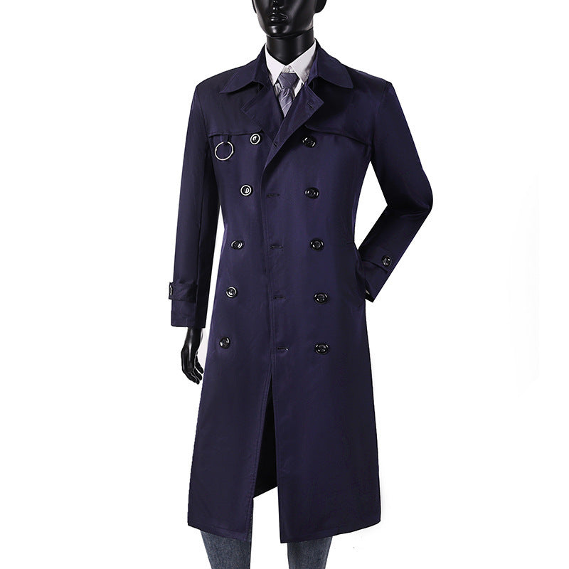 Men's double-breasted trench coat with waist tailoring, lapel collar, and decorative metal ring Mune Fashion