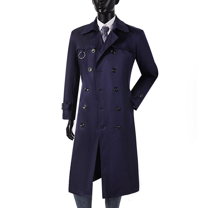 Men's double-breasted trench coat with waist tailoring, lapel collar, and decorative metal ring Mune Fashion