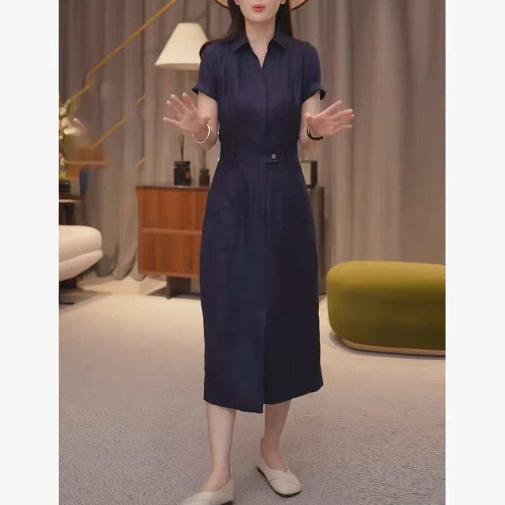 Women Tailored Shirt Blouse Midi Dress with Concealed Button Placket and Waist Pass Mune Fashion