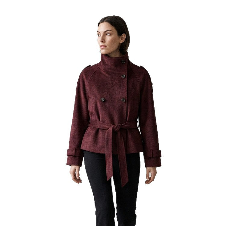 Women's Tailored Short Jacket in Suede Look with Double Breasted and Stand-Up Collar Mune Fashion
