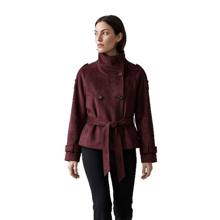 Women's Tailored Short Jacket in Suede Look with Double Breasted and Stand-Up Collar Mune Fashion