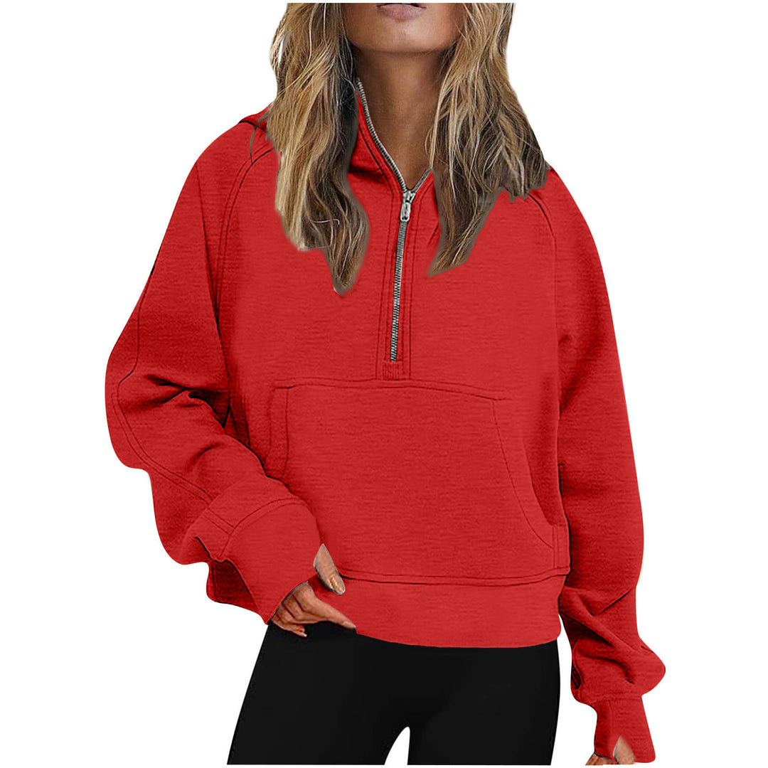 Women Oversize Half-Zip Hoodie with Kangaroo Pocket & Thumb Hole Mune Fashion