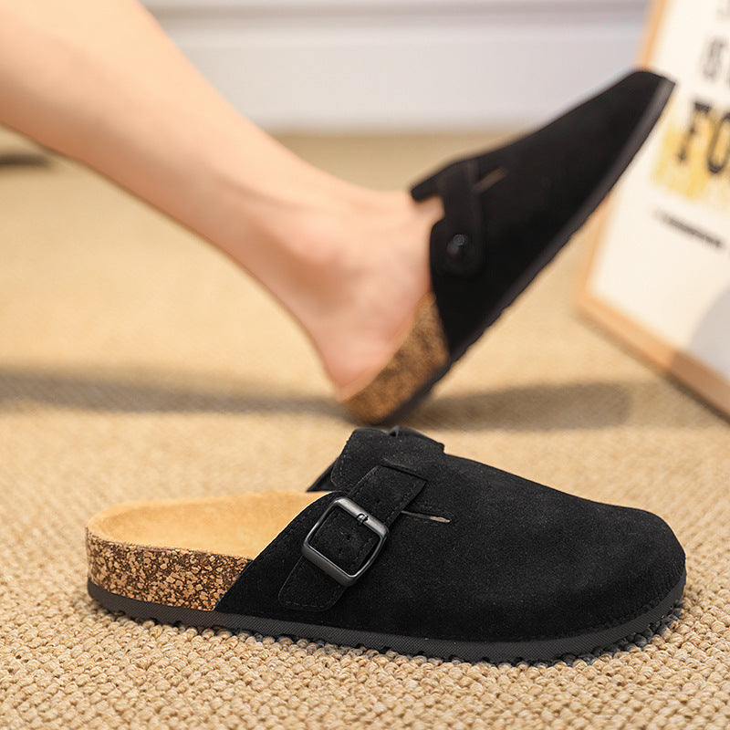 Women's Comfortable Suede Slippers with Cork Molded Footbed and Adjustable Metal Buckle Mune Fashion