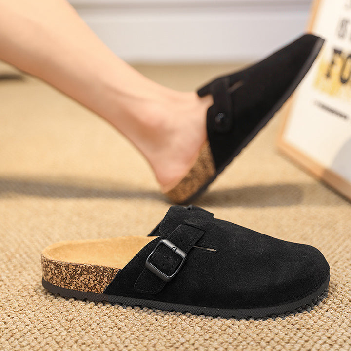 Women's Comfortable Suede Slippers with Cork Molded Footbed and Adjustable Metal Buckle Mune Fashion