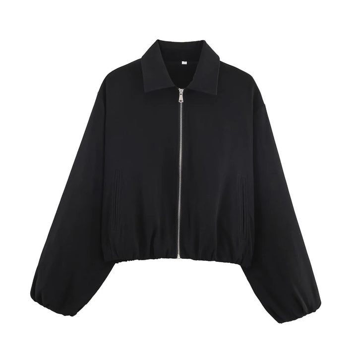 Women's Cropped Bomber Jacket with Full Zip, Wide Balloon Sleeves, and Elastic Hem Mune Fashion