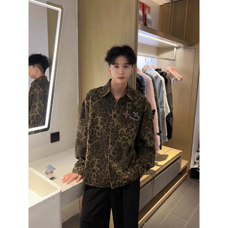 Men's Overshirt-Shirt Jacket in Leopard Print with Embroidered Chest Logo Mune Fashion