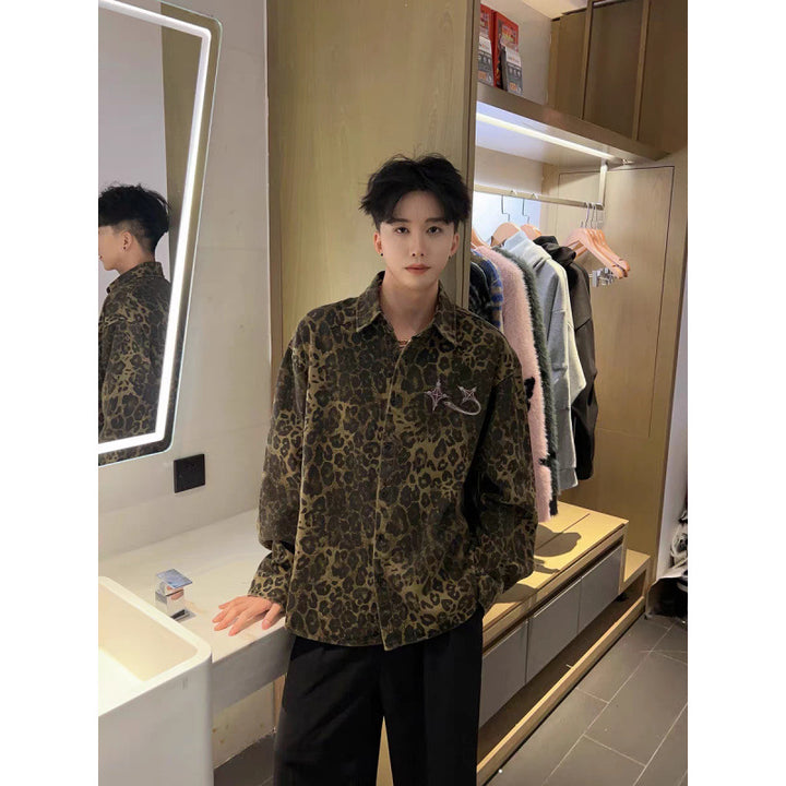 Men's Overshirt-Shirt Jacket in Leopard Print with Embroidered Chest Logo Mune Fashion