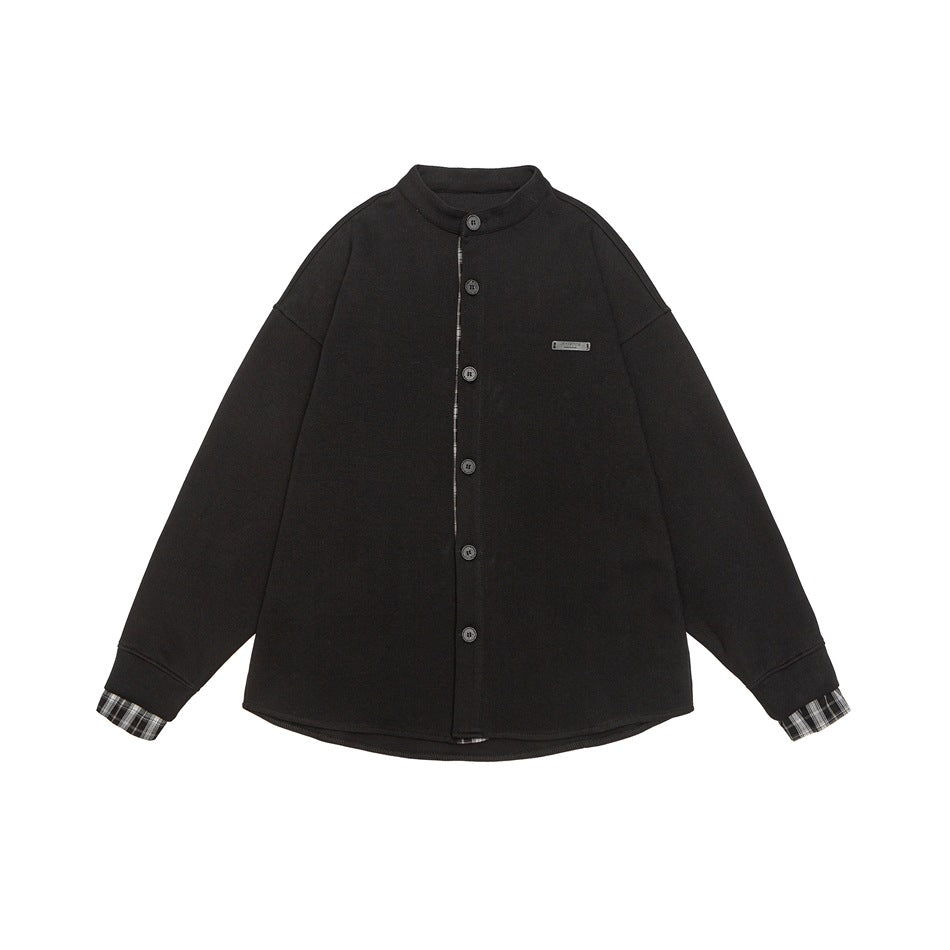 Unisex Oversized Shirt Jacket in Sweat Overlay with Stand-Up Collar and Checkered Inner Cuff Mune Fashion