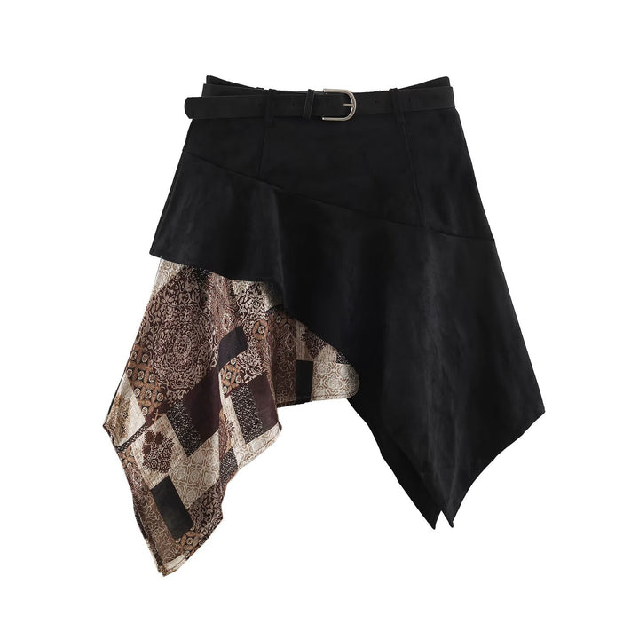 Women's Asymmetric Patchwork Wrap Skirt with Waist Belt and Layered Look Mune Fashion