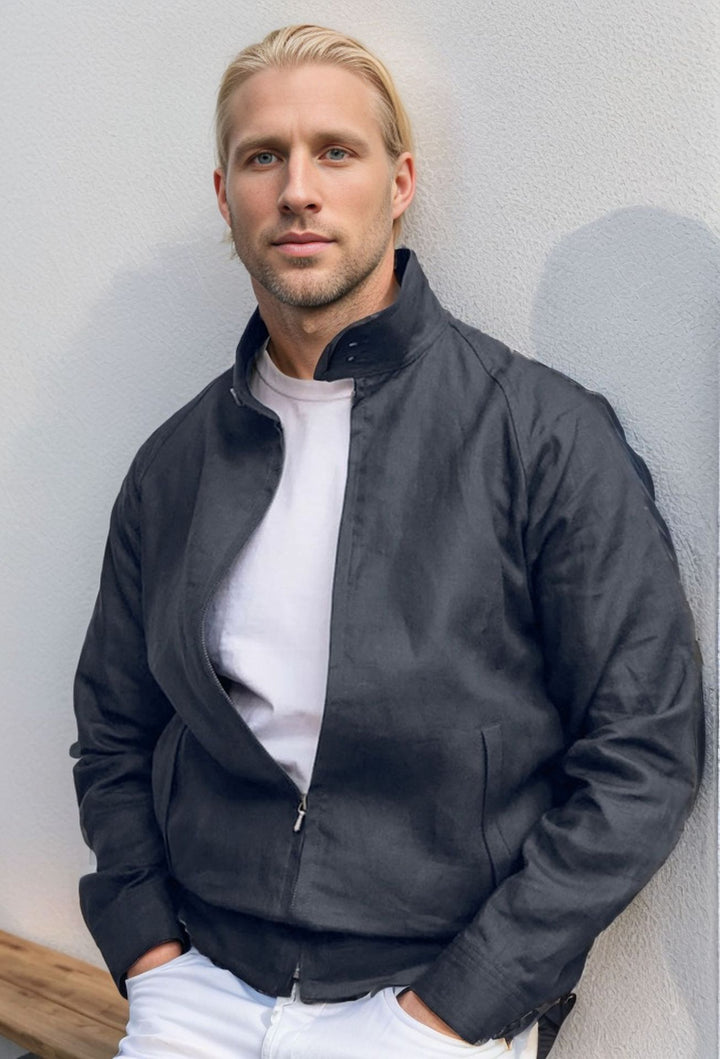 Men's Lightweight Zip Transition Jacket Made of Linen Blend with Stand-up Collar Mune Fashion