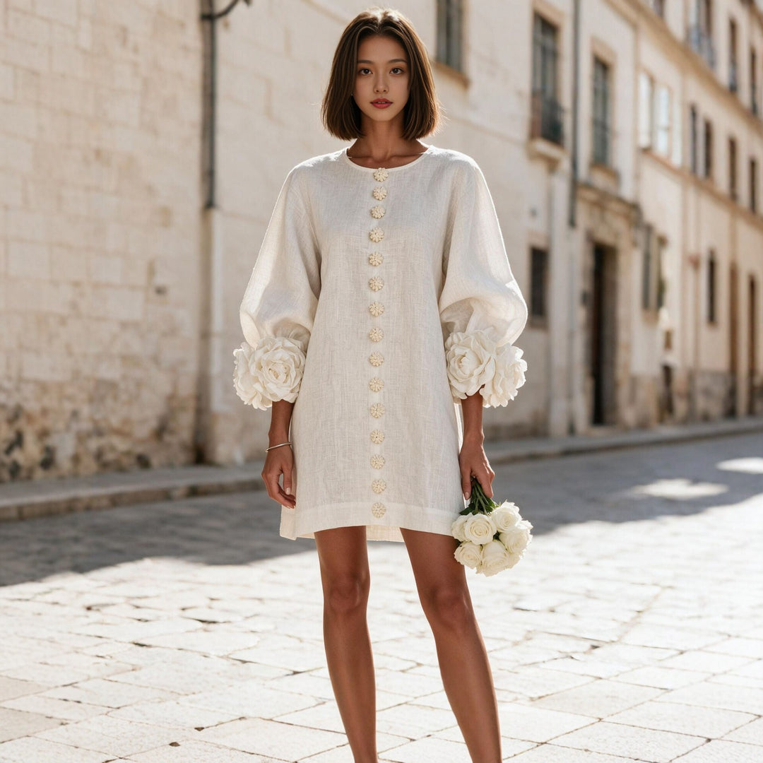 Ladies short dress made of linen with voluminous balloon sleeves and 3D flower cuffs Mune Fashion