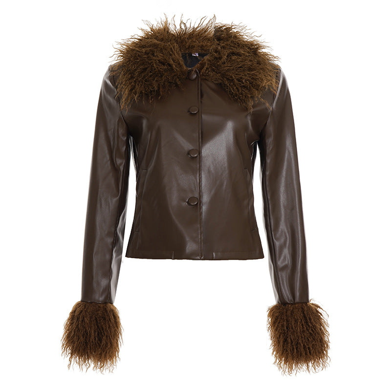 Women's short faux leather jacket with voluminous fur collar and fur cuffs Mune Fashion