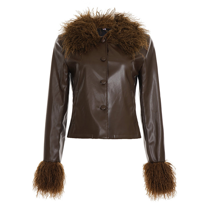 Women's short faux leather jacket with voluminous fur collar and fur cuffs Mune Fashion