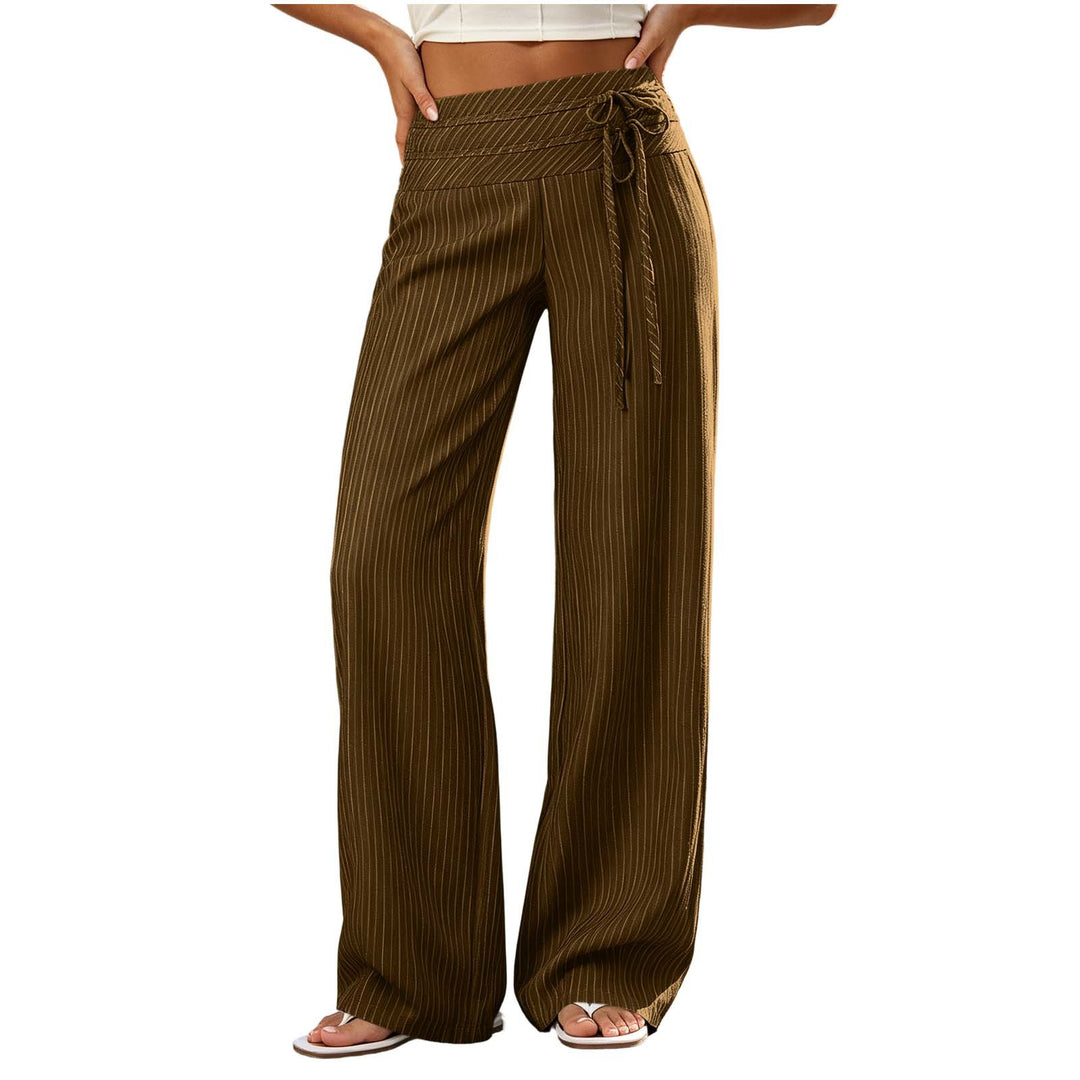 Women Wide High-Waist Palazzo Pants with Striped Pattern and Tie Belt Mune Fashion