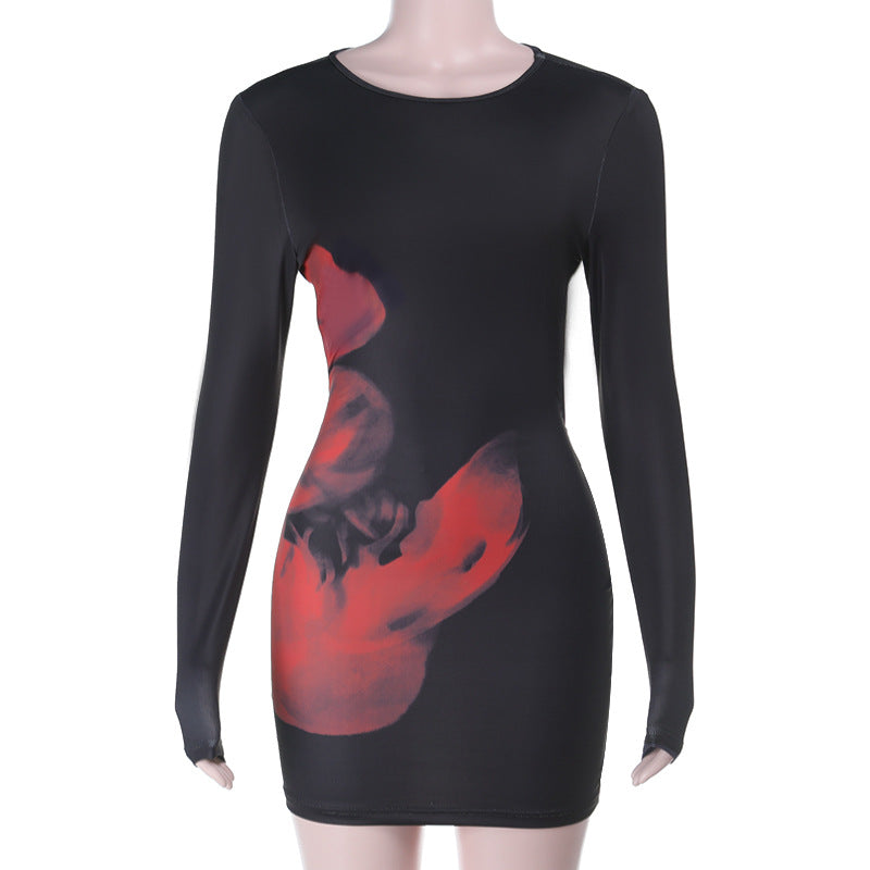 Women's Figure-Hugging Long Sleeve Mini Dress made of Stretch Jersey with Abstract Watercolor Print Mune Fashion