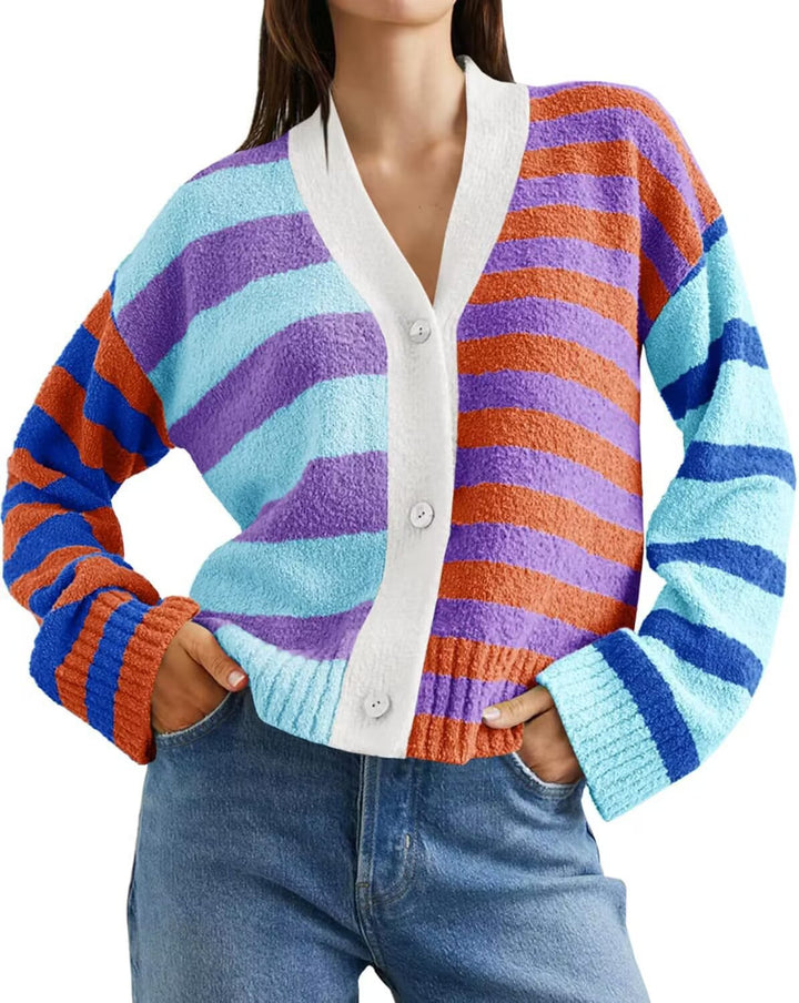 Women’s loose striped terry cardigan with V-neck and button placket Mune Fashion