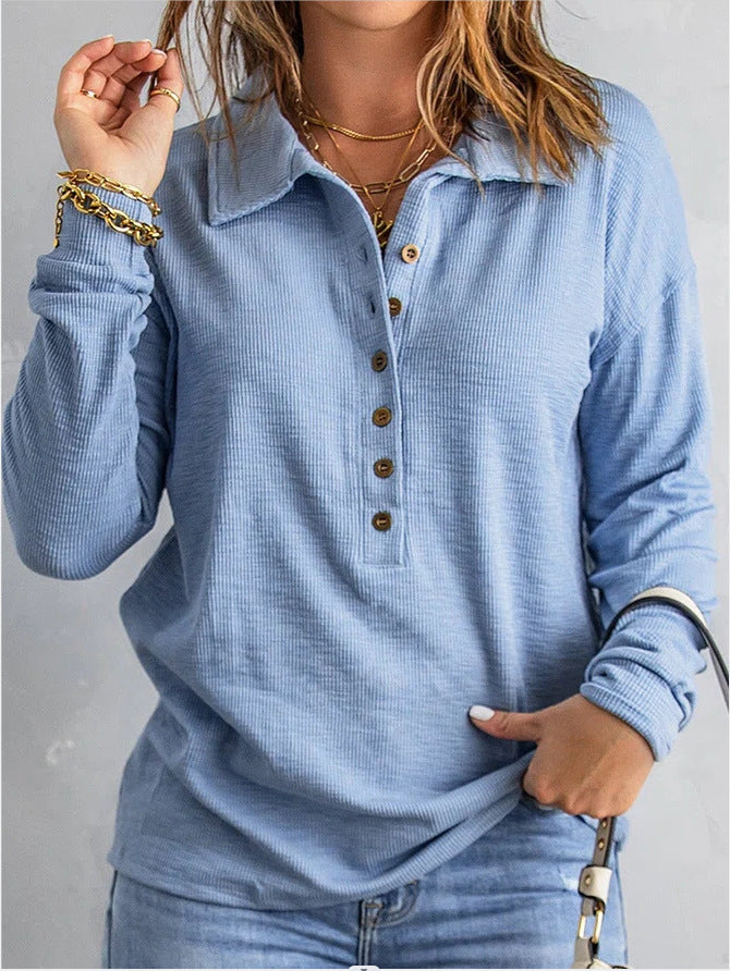Women's Long Sleeve Waffle Shirt with Shirt Collar and Button Placket Drune