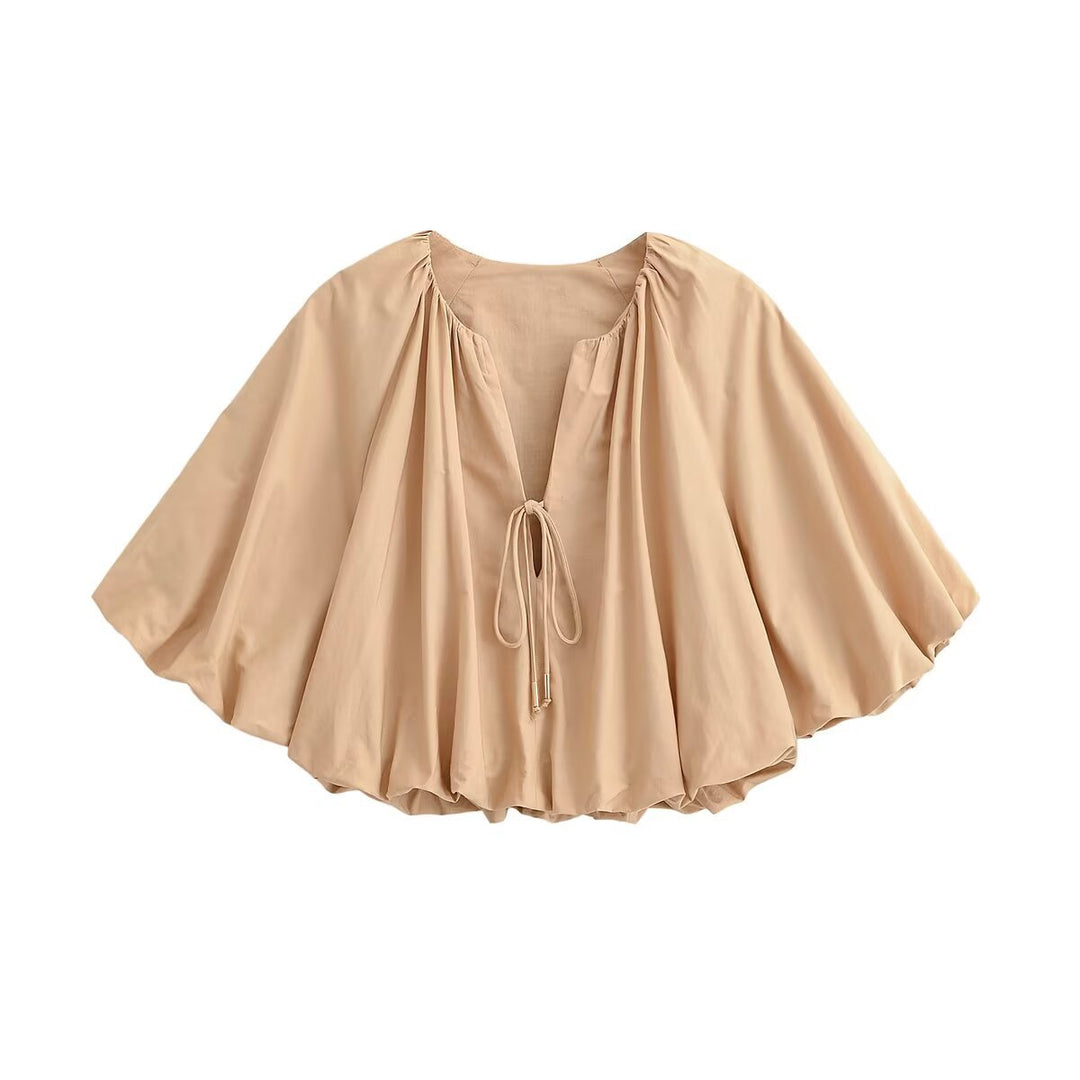 Women Oversized Cape Blouse with Drawstring, Gathered Hem and Voluminous Batwing Sleeves Mune Fashion