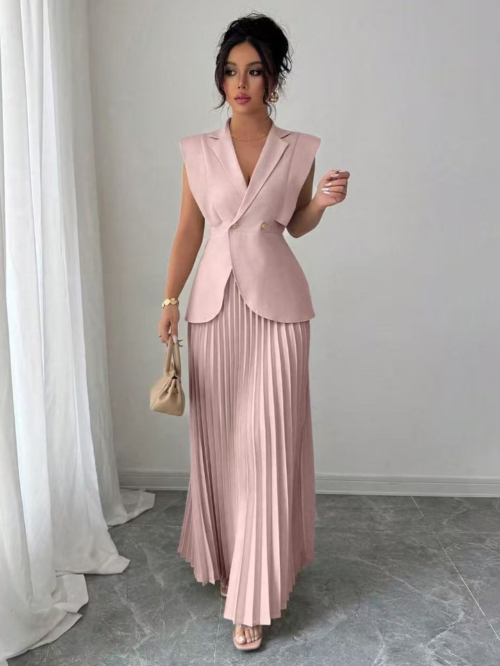 Women’s sleeveless fitted blazer set with pleated maxi skirt Mune Fashion