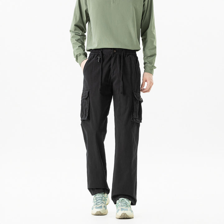 Men's military-inspired cargo pants with elastic tunnel drawstring waistband, flap and zipper pockets Mune Fashion