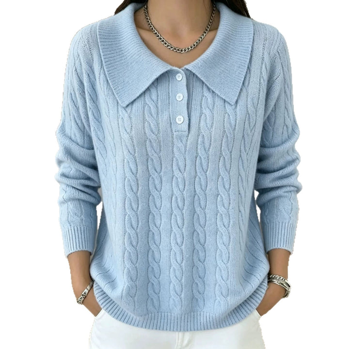 Women's cable knit polo sweater with large folded collar and relaxed silhouette Mune Fashion