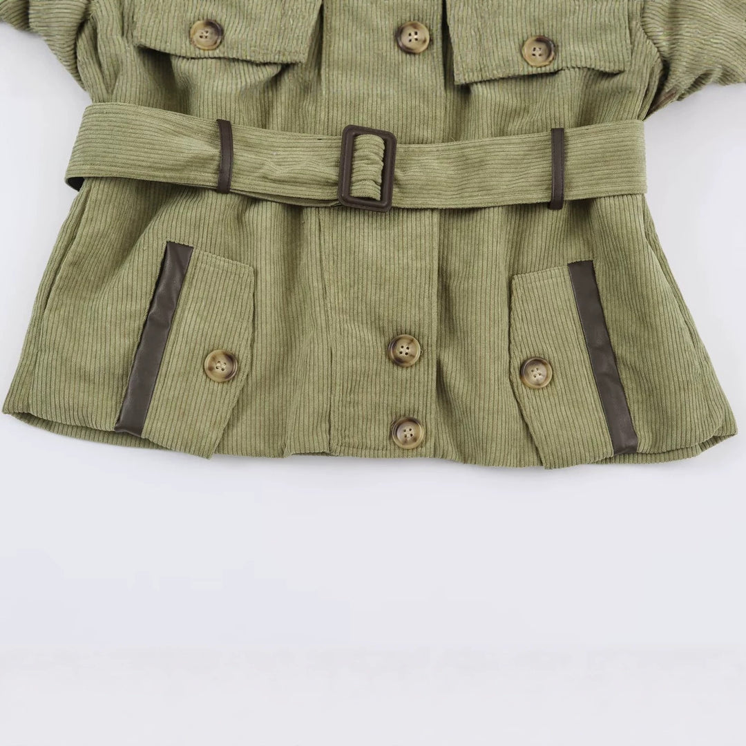 Women's Cord Field Jacket with Waist Belt and Stand-Up Collar Mune Fashion